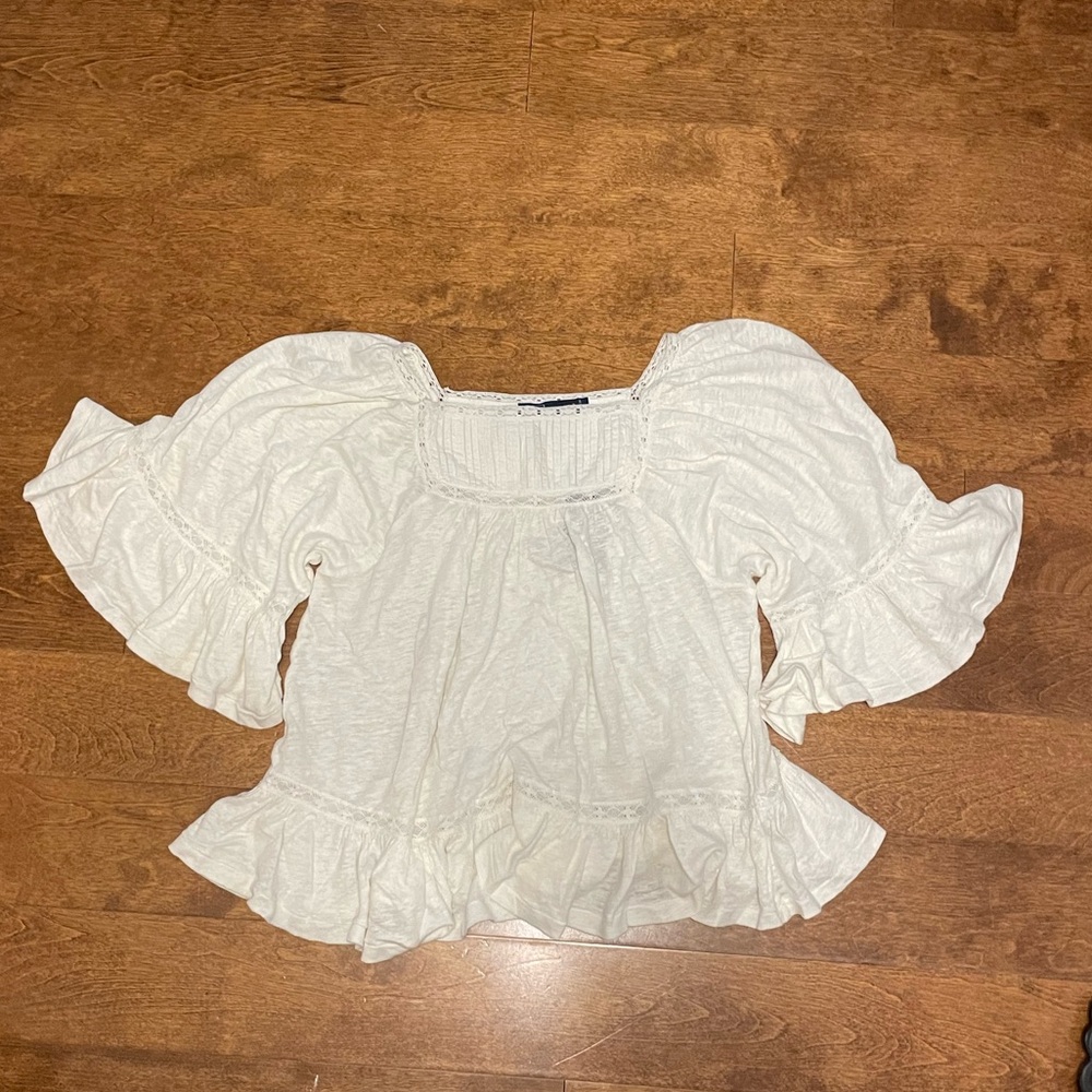 New Polo Ralph Lauren White Linen Blouse Ruffle Bell Sleeves Pullover Top XXS - Picture 4 of 17